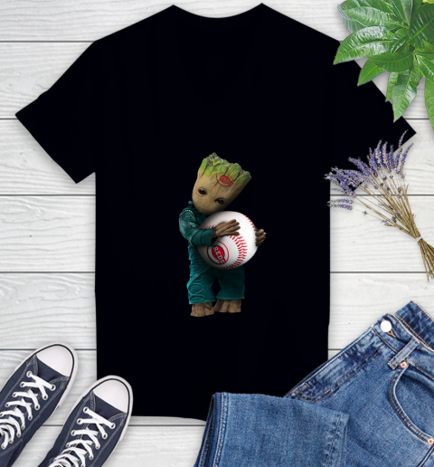 MLB Groot Guardians Of The Galaxy Baseball Sports Cincinnati Reds Women's V-Neck T-Shirt 2