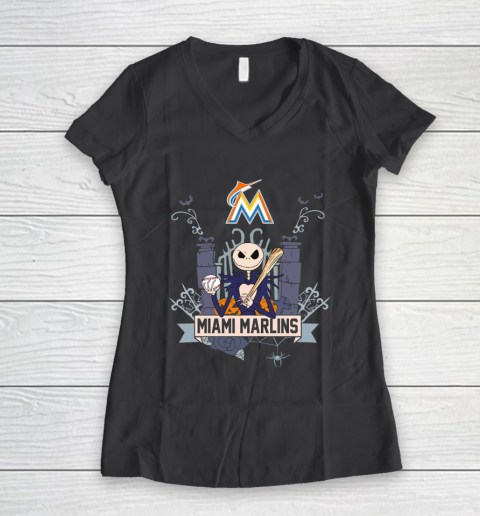 MLB Miami Marlins Baseball Jack Skellington Halloween Women's V-Neck T-Shirt 6