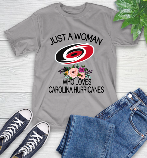 NHL Just A Woman Who Loves Carolina Hurricanes Hockey Sports T-Shirt 4