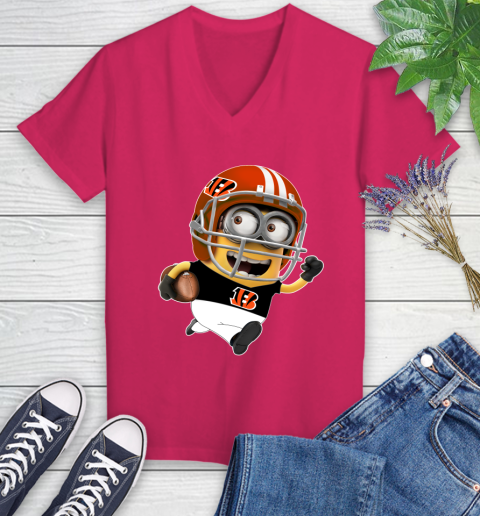 NFL Cincinnati Bengals Minions Disney Football Sports Women's V-Neck T-Shirt 9