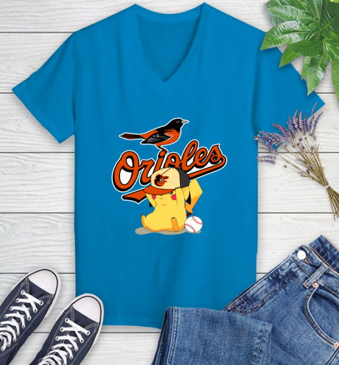MLB Pikachu Baseball Sports Baltimore Orioles Women's V-Neck T-Shirt 7