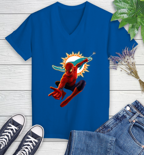 NFL Spider Man Avengers Endgame Football Miami Dolphins Women's V-Neck T-Shirt 10