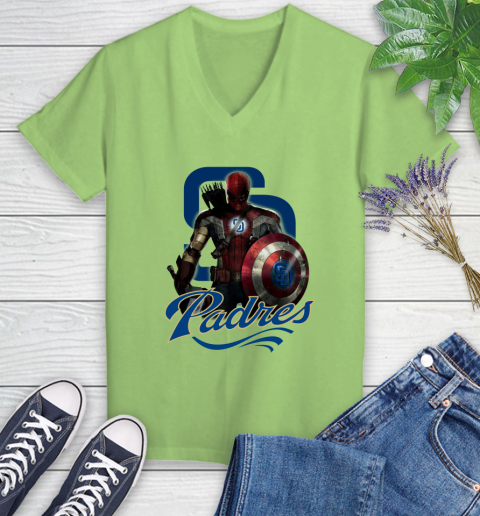 MLB Captain America Thor Spider Man Hawkeye Avengers Endgame Baseball San Diego Padres Women's V-Neck T-Shirt 11