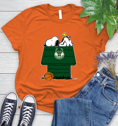 Milwaukee Bucks NBA Basketball Snoopy Woodstock The Peanuts Movie Women's T-Shirt 4