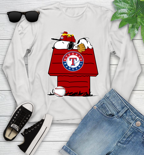 MLB Texas Rangers Snoopy Woodstock The Peanuts Movie Baseball T Shirt Youth Long Sleeve