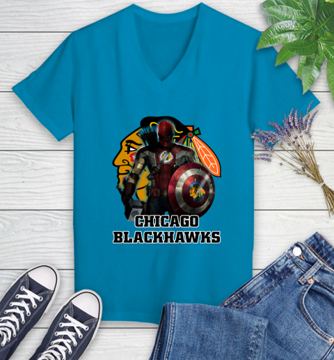 NHL Captain America Thor Spider Man Hawkeye Avengers Endgame Hockey Chicago Blackhawks Women's V-Neck T-Shirt 7