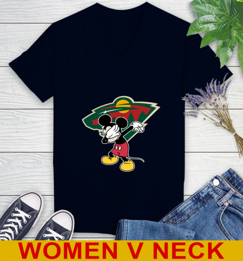 Minnesota Wild NHL Hockey Dabbing Mickey Disney Sports Women's V-Neck T-Shirt 3