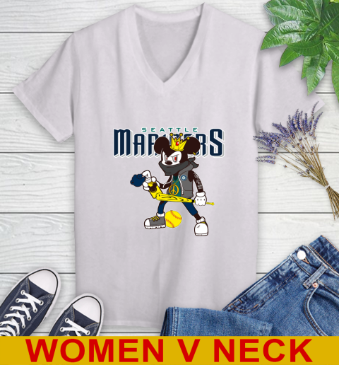 Seattle Mariners MLB Baseball Mickey Peace Sign Sports Women's V-Neck T-Shirt
