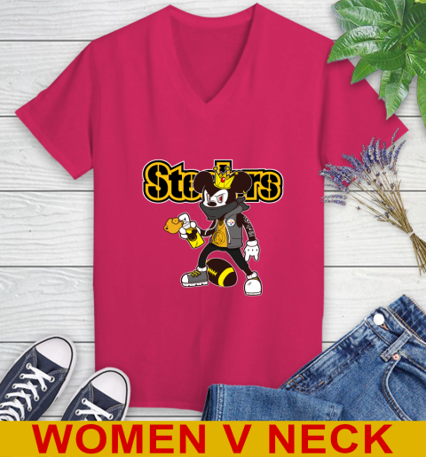 Pittsburgh Steelers NFL Football Mickey Peace Sign Sports Women's V-Neck T-Shirt 10
