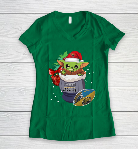 Jacksonville Jaguars Christmas Baby Yoda Star Wars Funny Happy NFL Women's V-Neck T-Shirt 5
