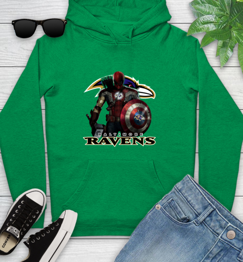 NFL Captain America Thor Spider Man Hawkeye Avengers Endgame Football Baltimore Ravens Youth Hoodie 7