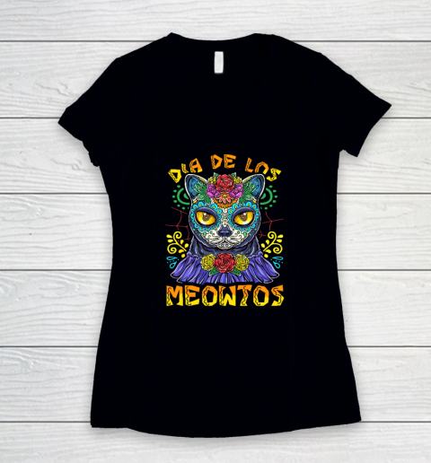 Day Of The Dead Dia De Los Muertos Cat Sugar Skull Women's V-Neck T-Shirt