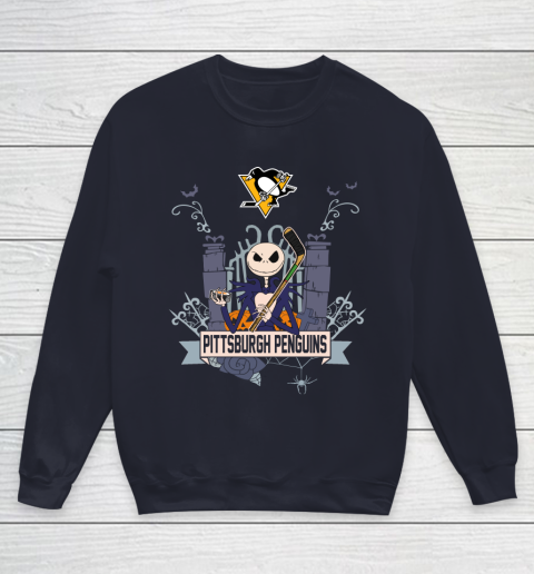 NHL Pittsburgh Penguins Hockey Jack Skellington Halloween Youth Sweatshirt 2