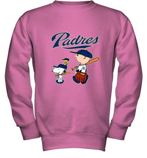 nqci san diego padres lets play baseball together snoopy mlb shirt youth sweatshirt 47 front safety pink