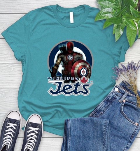 NHL Captain America Thor Spider Man Hawkeye Avengers Endgame Hockey Winnipeg Jets Women's T-Shirt 12