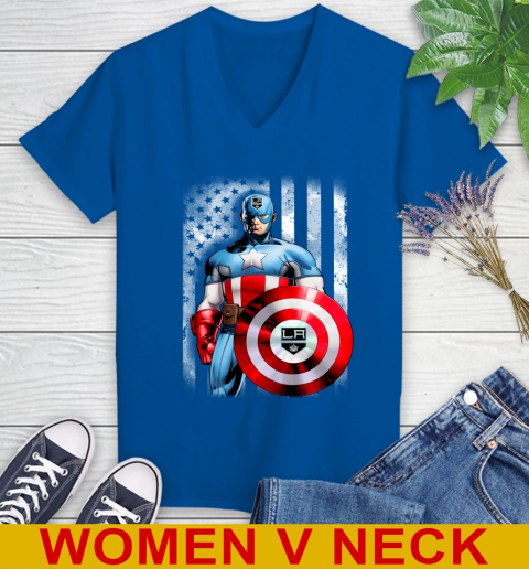 Los Angeles Kings NHL Hockey Captain America Marvel Avengers American Flag Shirt Women's V-Neck T-Shirt 9