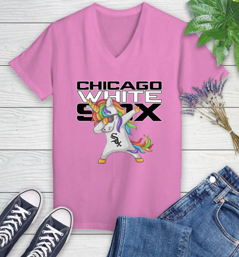 Chicago White Sox MLB Baseball Funny Unicorn Dabbing Sports Women's V-Neck T-Shirt 14
