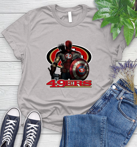 NFL Captain America Thor Spider Man Hawkeye Avengers Endgame Football San Francisco 49ers Women's T-Shirt 10