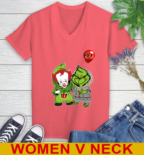 Cincinnati Bengals Baby Pennywise Grinch Christmas NFL Football Women's V-Neck T-Shirt 7