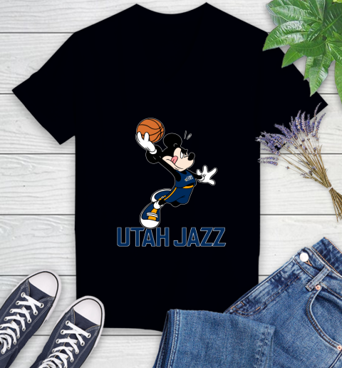 NBA Basketball Utah Jazz Cheerful Mickey Mouse Shirt Women's V-Neck T-Shirt