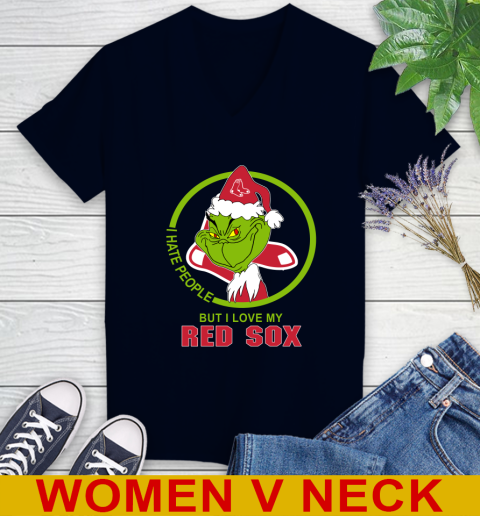 Boston Red Sox MLB Christmas Grinch I Hate People But I Love My Favorite Baseball Team Women's V-Neck T-Shirt 3