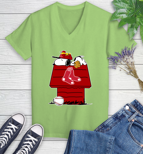 MLB Boston Red Sox Snoopy Woodstock The Peanuts Movie Baseball T Shirt Women's V-Neck T-Shirt 11