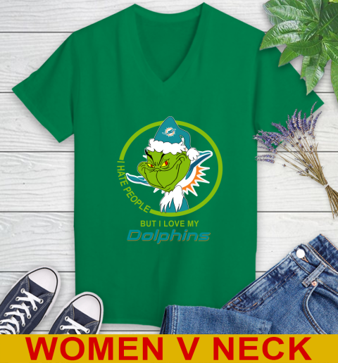 Miami Dolphins NFL Christmas Grinch I Hate People But I Love My Favorite Football Team Women's V-Neck T-Shirt 6
