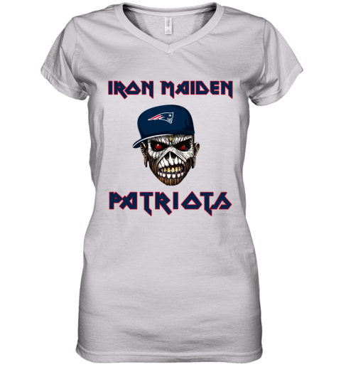 NFL New England Patriots Iron Maiden Rock Band Music Football Sports rkJy2L6r8u9 women v neck t shirt 39 95 151514 front white