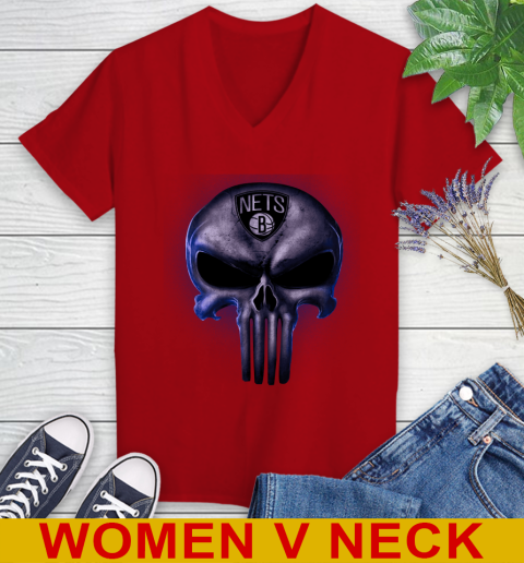 Brooklyn Nets NBA Basketball Punisher Skull Sports Women's V-Neck T-Shirt 10