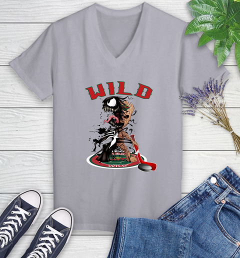 NHL Minnesota Wild Hockey Venom Groot Guardians Of The Galaxy Women's V-Neck T-Shirt 4