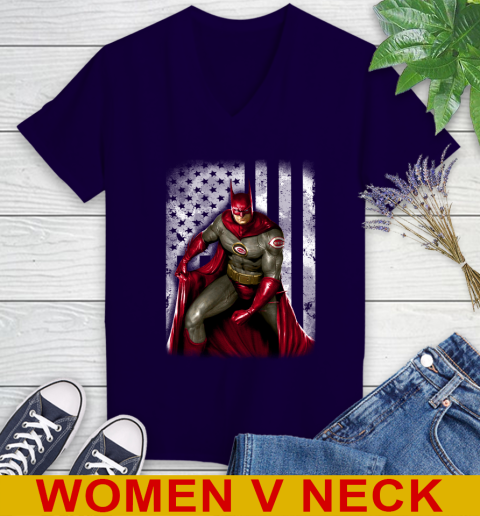 Cincinnati Reds MLB Baseball Batman DC American Flag Shirt Women's V-Neck T-Shirt 3