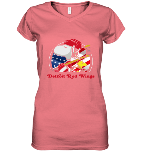 an4i detroit red wings ice hockey snoopy and woodstock nhl women v neck t shirt 39 front coral