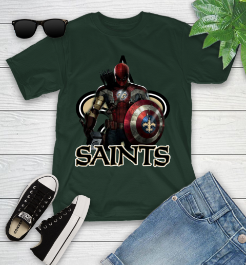 NFL Captain America Thor Spider Man Hawkeye Avengers Endgame Football New Orleans Saints Youth T-Shirt 5