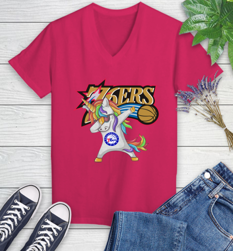 Philadelphia 76ers NBA Basketball Funny Unicorn Dabbing Sports Women's V-Neck T-Shirt 9