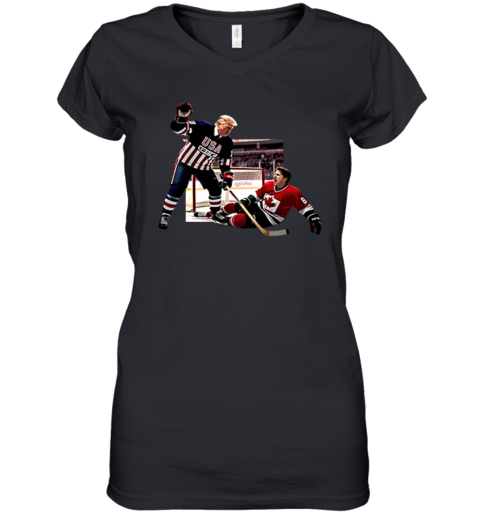 Trump Defeating Justin Trudeau Funny Hockey Women's V-Neck T-Shirt
