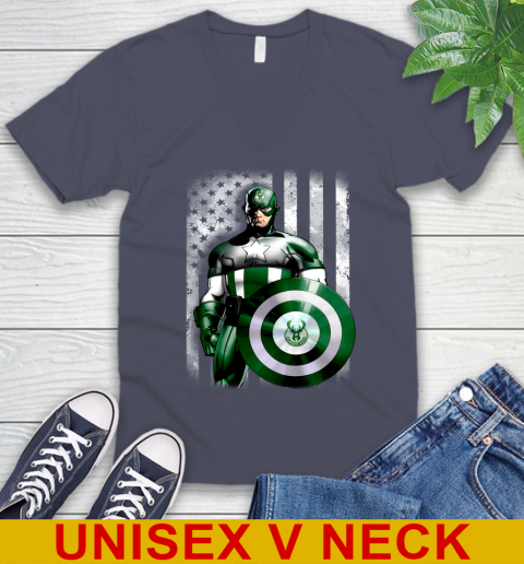 Milwaukee Bucks NBA Basketball Captain America Marvel Avengers American Flag Shirt V-Neck T-Shirt 7