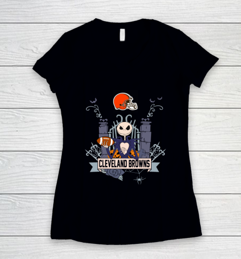 NFL Cleveland Browns Football Jack Skellington Halloween Women's V-Neck T-Shirt