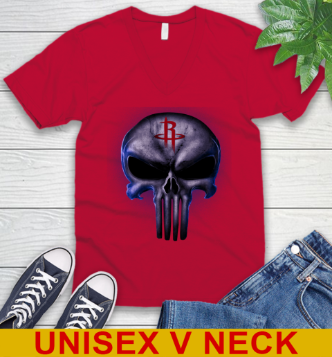 Houston Rockets NBA Basketball Punisher Skull Sports V-Neck T-Shirt 6