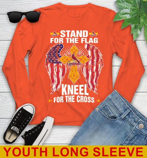 MLB Baseball St.Louis Cardinals Stand For Flag Kneel For The Cross Shirt Youth Long Sleeve 4 MLB Baseball St.Louis Cardinals Stand For Flag Kneel For The Cross Shirt Youth Long Sleeve - Image 4