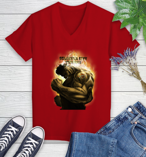 Oklahoma City Thunder NBA Basketball Hulk Marvel Avengers Sports Women's V-Neck T-Shirt 11