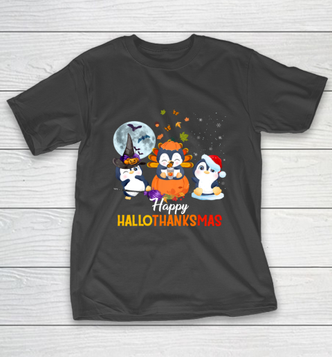 Penguin Halloween And Merry Christmas Happy Hallothanksmas T-Shirt