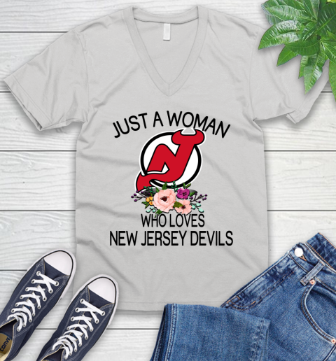 NHL Just A Woman Who Loves New Jersey Devils Hockey Sports V-Neck T-Shirt