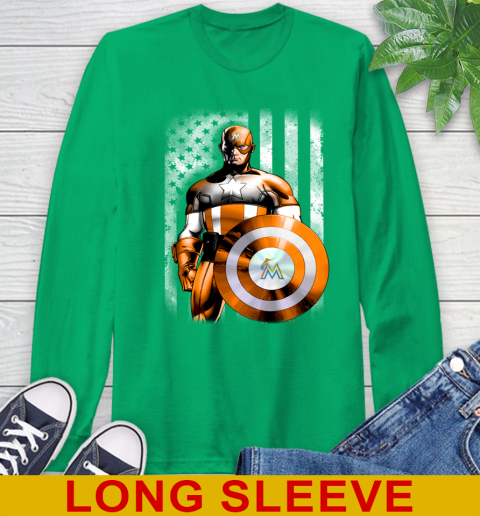 Miami Marlins MLB Baseball Captain America Marvel Avengers American Flag Shirt Long Sleeve T-Shirt 8