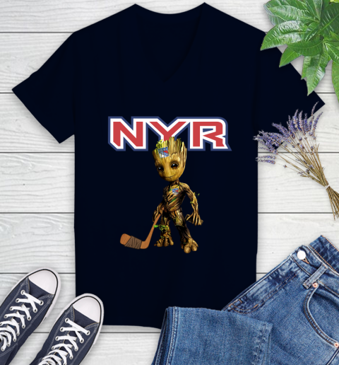 New York Rangers NHL Hockey Groot Marvel Guardians Of The Galaxy Women's V-Neck T-Shirt 3