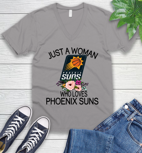 NBA Just A Woman Who Loves Phoenix Suns Basketball Sports V-Neck T-Shirt 2