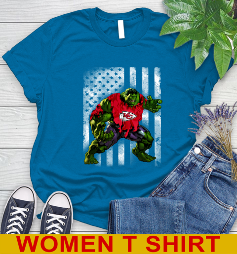 Kansas City Chiefs Hulk Marvel Avengers NFL Football American Flag Women's T-Shirt 8