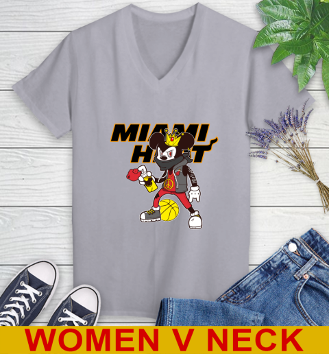 Miami Heat NBA Basketball Mickey Peace Sign Sports Women's V-Neck T-Shirt 5