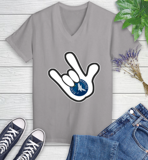 Minnesota Timberwolves NBA Basketball Mickey Rock Hand Disney Women's V-Neck T-Shirt 4