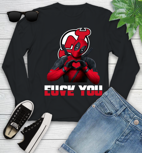 NHL New Jersey Devils Deadpool Love You Fuck You Hockey Sports Youth Long Sleeve