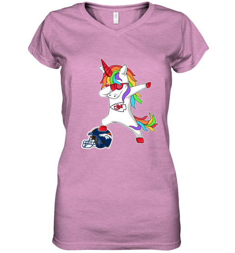 Football Dabbing Unicorn Steps On Helmet Kansas City Chiefs Women's V-Neck T-Shirt